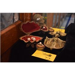 PILL BOX W/BEE W/MINIATURE CRYSTAL PHALLIC & PEARL, CLAM JEWELRY BOX W/EARRINGS & BRONZE ASHTRAY