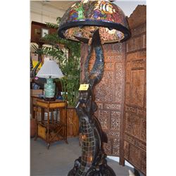 BRONZE MERMAID & DOLPHIN FLOOR LAMP W/TIFFANY STYLE STAINED GLASS SHADE (APPROX 6' 10" H)