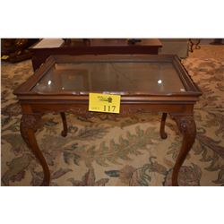 CARVED WOOD TABLE W/REMOVABLE GLASS TRAY TOP