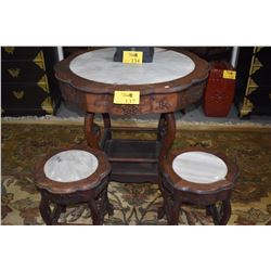 ANTIQUE CHINESE ROSEWOOD TABLE W/MARBLE INSET & STOOLS (3 PCS)