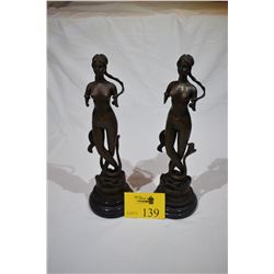 EUROPEAN BRONZE NUDE MERMAIDS; SIGNED (2 PCS)