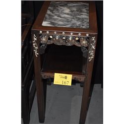 CHINESE HARDWOOD TEA STAND W/MARBLE TOP & MOTHER OF PEARL INLAY