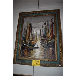 FRAMED ACRYLIC PAINTING, "SAIL BOATS"; SIGNED