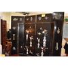 Image 1 : CHINESE 4 PANEL LACQUERED SCREEN, "100 ANTIQUES" MOTIF W/CLOISONNE & SEMI-PRECIOUS STONE INLAY