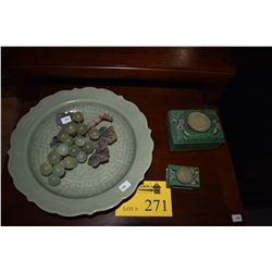 CLOISONNE BOXES, CELADON PLATE & JADE GRAPES (4 PCS)