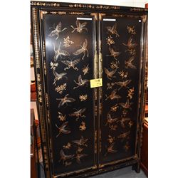 BLACK LACQUER 2 DOOR STORAGE CABINET W/BUTTERFLY & FLORAL MOTIF