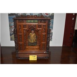 CHINESE ELABORATELY CARVED VINTAGE ALTER BOX & CHINESE DEITY (ALTER BOX 24.5" X 19" X 9.5")