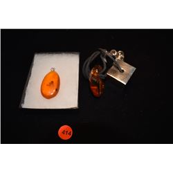 AMBER, CHROME & CORD BRACELET W/STERLING SILVER CLASP & AMBER PENDANT (2 PCS)