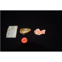 14K CORAL BROOCH & CARVED JADE PIECES (3 PCS)