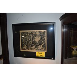 FRAMED HONOLULU PRINTMAKERS BLOCK PRINT,  LIVE OAK TRUNKS ; SIGNED A. RAY BURRELL