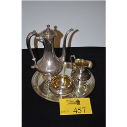 GORHAM STERLING COFFEE SERVICE: COFFEE POT, OPEN SUGAR BOWL & CREAMER W/STERLING SUGAR SPOON & TRAY