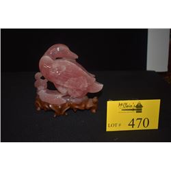 CARVED ROSE QUARTZ DUCK FIGURE ON CUSTOM STAND