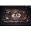 Image 8 : SCROLL WEIGHT, CHOP, BRUSH POT, BRASS VASE, BRASS COVERED POT & MOTHER OF PEARL INLAY FOOTED TRAY