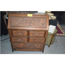 CARVED CHINESE DROP FRONT DESK W/5 DRAWERS