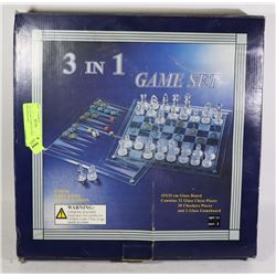 3 IN 1 GLASS GAME SET INCL CHESS, CHECKERS AND