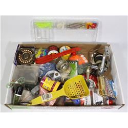 FLAT OF FISHING SUPPLIES FLY REEL OPEN FACE