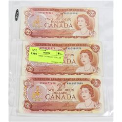 LO1 OF THREE CANADA 2 DOLLAR BILLS