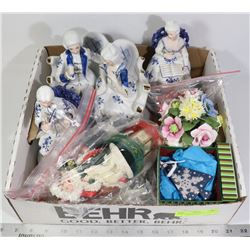 FLAT OF ASSORTED PORCELAIN AND CHRISTMAS FIGURES