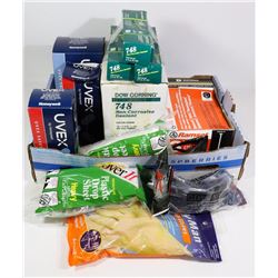BOX WITH SAFETY GLASSES, DROP SHEETS,DOW CORNING