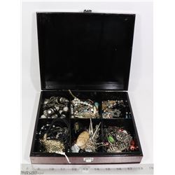 CHEST OF JEWELRY IN CHERRY WOOD BOX