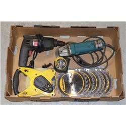 FLAT OF TOOLS INCLUDING MAKITA GRINDER, 100' TAPE
