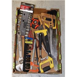 FLAT OF HAND TOOLS INCLUDING SAWS, TAPE MEASURES,