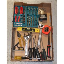 FLAT OF TOOLS INCLUDING SCREW DRIVERS, BIT SET,