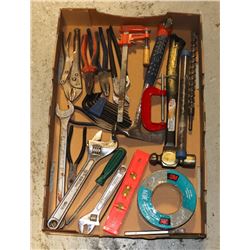 FLAT OF TOOLS INCLUDING CRESCENT WRENCHES, TAPE
