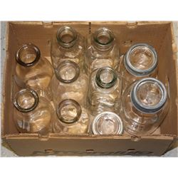 BOX OF 7 MILK BOTTLES AND 3 GEM JARS