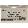 Image 3 : 2017 AMERICAN SILVER EAGLE PCGS MS70 1ST DAY ISSUE