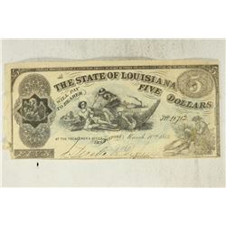 1863 STATE OF LOUISIANA $5 OBSOLETE BANK NOTE