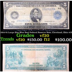 1914 $5 Large Size Blue Seal Federal Reserve Note, Cleveland, Ohio 4-D Grades vf, very fine