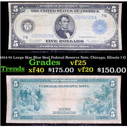 1914 $5 Large Size Blue Seal Federal Reserve Note, Chicago, Illinois 7-G Grades vf+