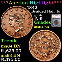***Auction Highlight*** 1842 Braided Hair Large Cent 1c Graded ms64 bn By SEGS (fc)