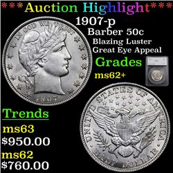 ***Auction Highlight*** 1907-p Barber Half Dollars 50c Graded ms62+ By SEGS (fc)