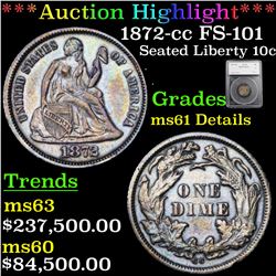 *Highlight Of Entire Auction* 1872-cc FS-101 Seated Liberty Dime 10c Graded ms61 Details By SEGS (fc