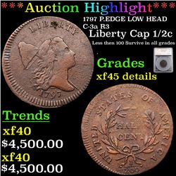 ***Auction Highlight*** 1797 P.EDGE LOW HEAD C-3a R3 Liberty Cap half cent 1/2c Graded xf45 details 