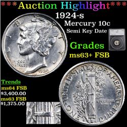 ***Auction Highlight*** 1924-s Mercury Dime 10c Graded ms63+ FSB By SEGS (fc)
