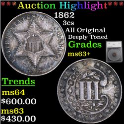 ***Auction Highlight*** 1862 Three Cent Silver 3cs Graded ms63+ By SEGS (fc)