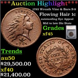 ***Auction Highlight*** 1793 Wreath  Vine & Bars S-9 Flowing Hair large cent 1c Graded xf45 By SEGS 