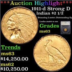 ***Auction Highlight*** 1911-d Strong D Gold Indian Quarter Eagle $2 1/2 Graded ms63 By SEGS (fc)