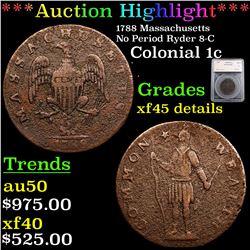 ***Auction Highlight*** 1788 Massachusetts, No Period Ryder 8-C Colonial Cent 1c Graded xf45 details