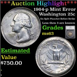 ***Auction Highlight*** 1964-p Mint Error Washington Quarter 25c Graded ms63 By SEGS (fc)