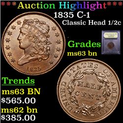***Auction Highlight*** 1835 C-1 Classic Head half cent 1/2c Graded Select Unc BN By USCG (fc)