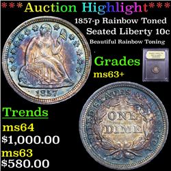 ***Auction Highlight*** 1857-p Rainbow Toned Seated Liberty Dime 10c Graded Select+ Unc By USCG (fc)