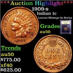 ***Auction Highlight*** 1909-s Indian Cent 1c Graded AU, Almost Unc By USCG (fc)