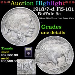 ***Auction Highlight*** 1918/7-d FS-101 Buffalo Nickel 5c Graded Unc Details By USCG (fc)