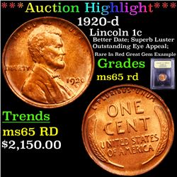 ***Auction Highlight*** 1920-d Lincoln Cent 1c Graded GEM Unc RD By USCG (fc)