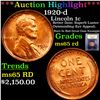 Image 1 : ***Auction Highlight*** 1920-d Lincoln Cent 1c Graded GEM Unc RD By USCG (fc)