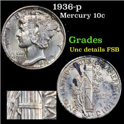 1936-p Mercury Dime 10c Grades Unc Details FSB
